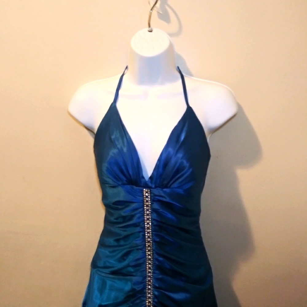 Vintage 90's Jessica McClintock Sexy Blue Satin & Rhinestone Ruched Halter Dress - Picture 2 of 11